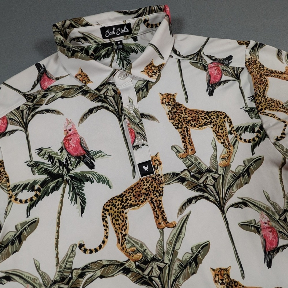 Bad Birdie Golf Polo Mens Medium Leopard Cockatoo Tropical Jungle Print White